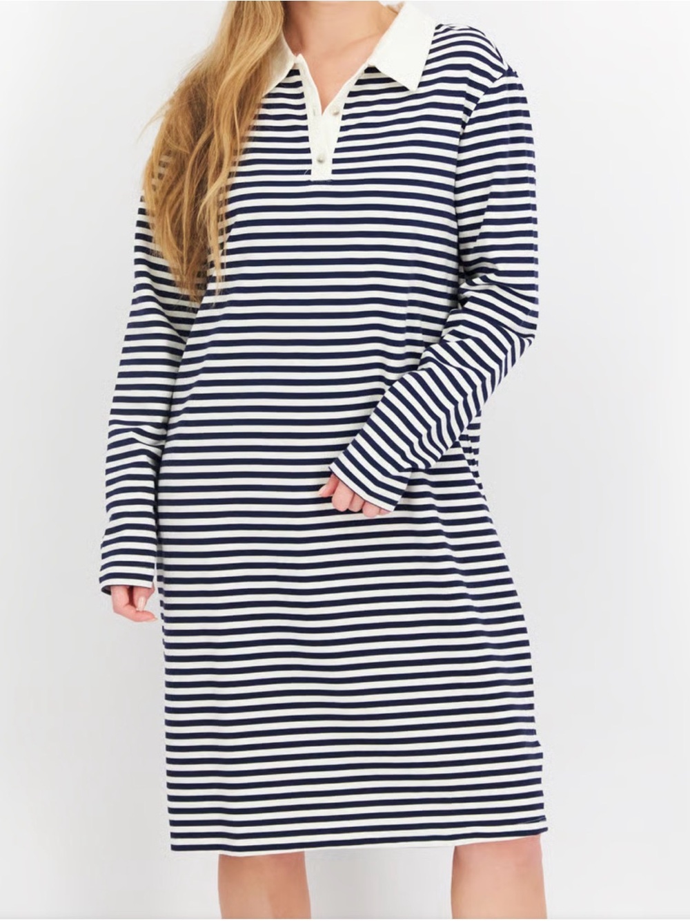 Striped Navy and White Long-Sleeve Polo Dress